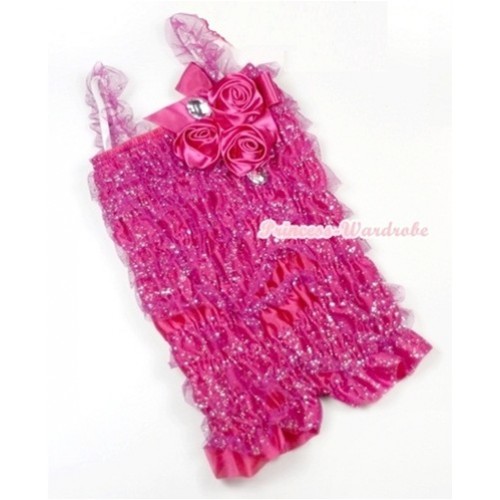 Sparkle Hot Pink Lace Ruffles Petti Rompers With Straps With Big Bow & Bunch Of Hot Pink Satin Rosettes& Crystal LR167 
